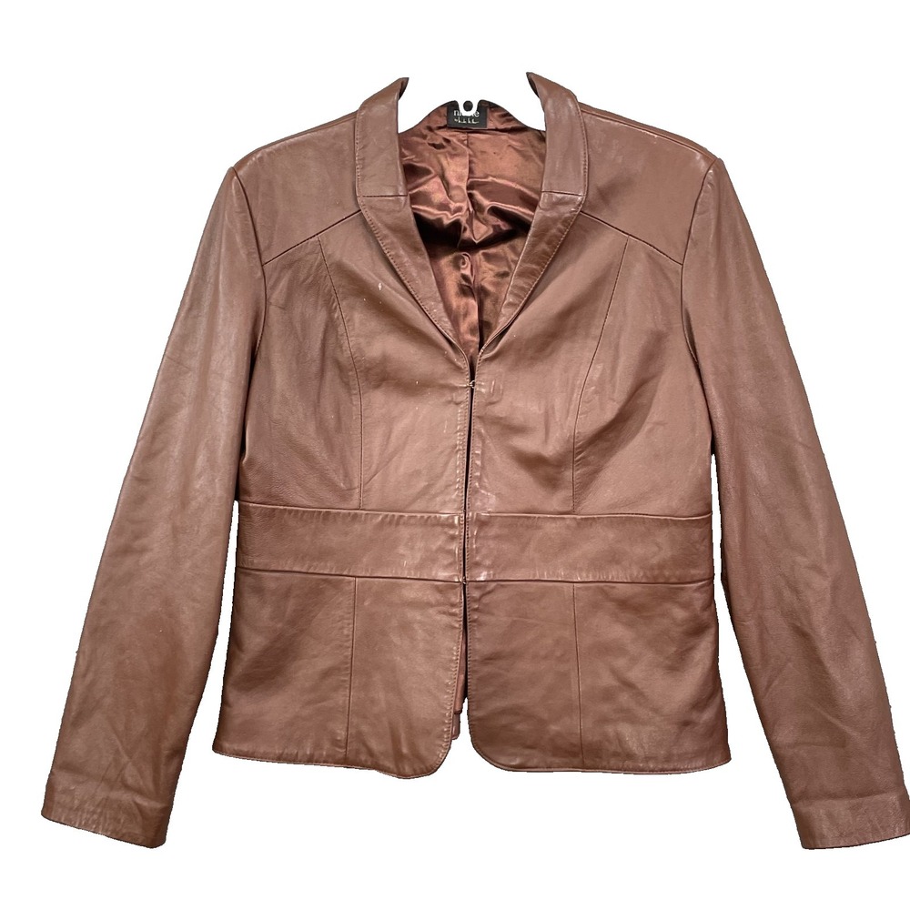 Nicole Miller 100% Leather Jacket Women's XL Brown Blazer 70's‎ Preppy Academia
